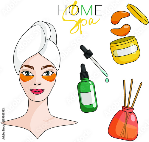 home facial care kit. Girl with a towel on her head. eye patches