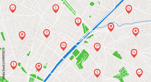 City map with navigation icons. Vector locating geo infographic background.