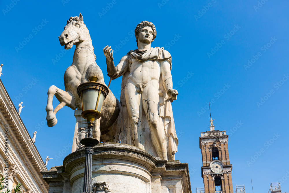 Obraz premium Castor and Pollux Sculptures, Cordonata Stairs, Campidoglio Square, Rome, Italy, Europe
