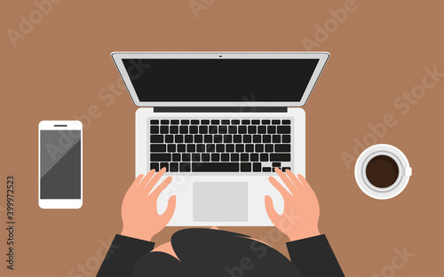 topview bussiness man with smart phone and notebook flat design