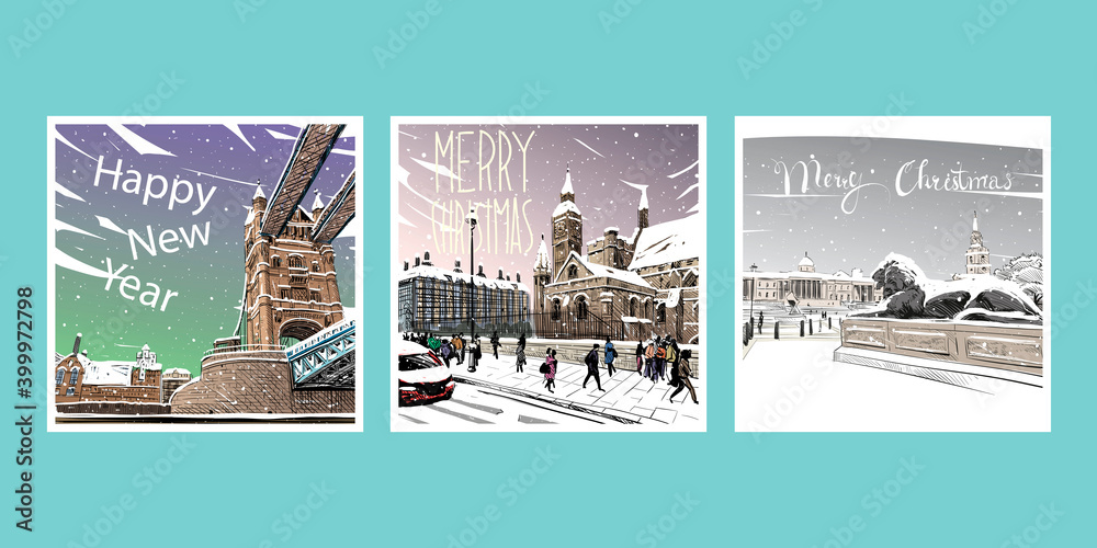 Set Of London Merry Christmas and New Year greeting card design.Trendy cover template. Winter city. Hand drawn vector illustration