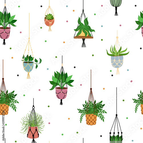 Scandinavian macrame plant Seamless Pattern. Boho home interior decor. Isolated on white background. Vector hand drawn illustration.