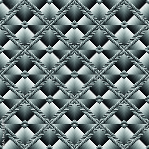 Geometric seamless pattern, ornament, abstract metallic effect background, fashion print, vector texture for textile, fabric, wallpaper, decoration.