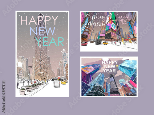 New York Merry Christmas and New Year greeting card design.Trendy cover template. Winter city. Hand drawn vector illustration