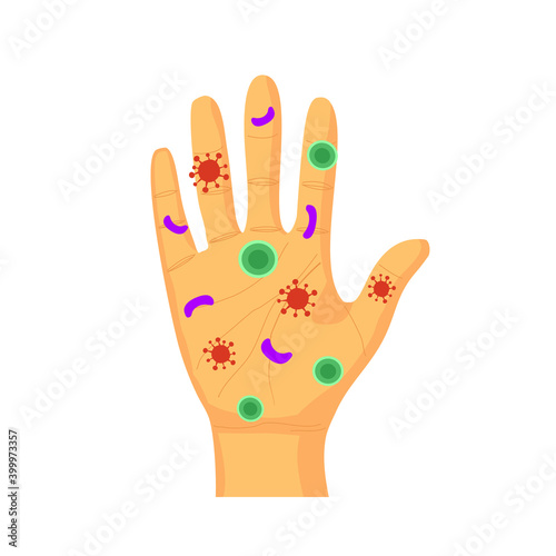 Bacteria, virus, germs on hand in flat design. Dirty hand concept vector illustration on white background.