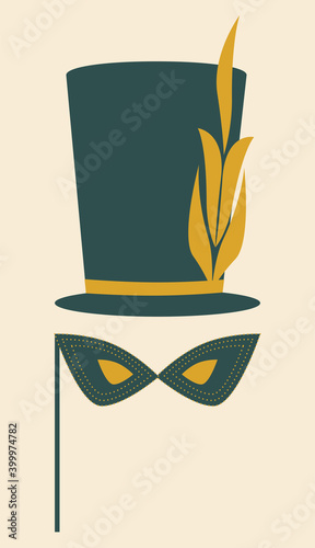 Mardi Gras costume element. Carnival mask and opera hat. Mask decorated with golden beads. Isolated vector illustration.