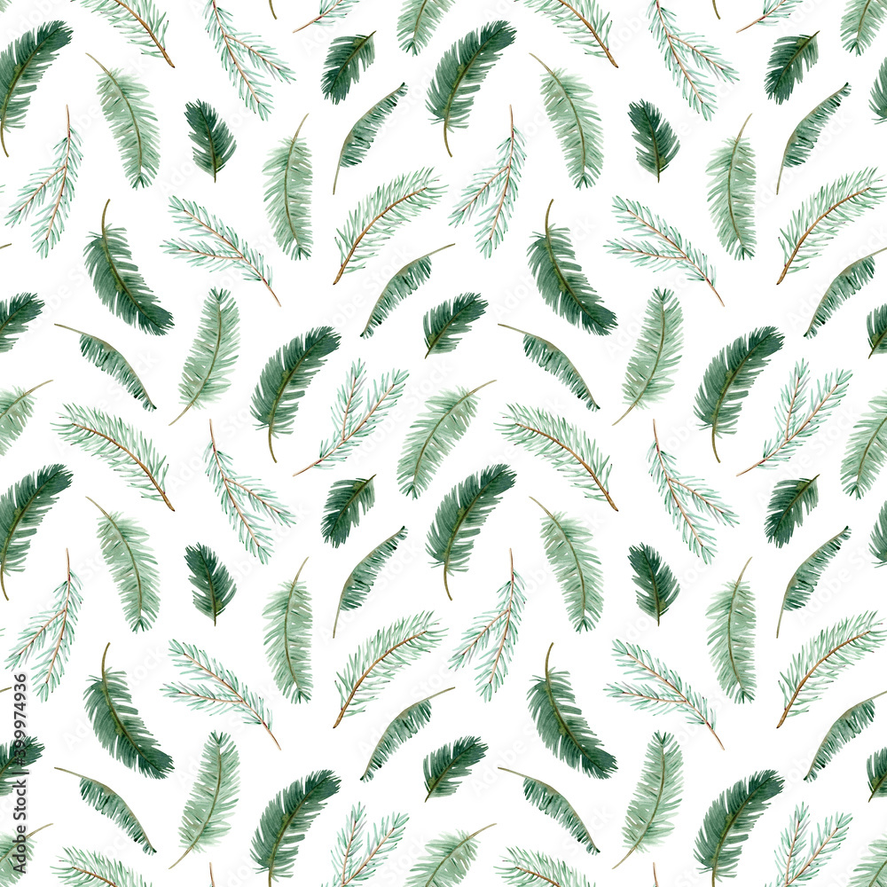 Watercolor Christmas tree branch seamless pattern. Winter pine branch background. Hand-drawn evergreen illustration.