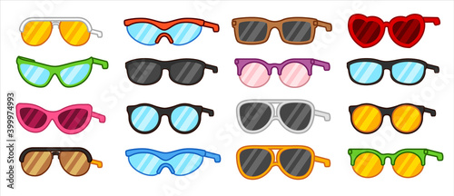 set of outlined simple colourful cute cartoon glasses/spectacles/shades isolated on a white background, vector illustration