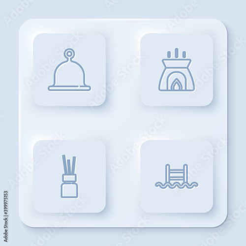 Set line Sauna hat, Aroma candle, diffuser and Swimming pool with ladder. White square button. Vector.