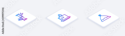 Set Isometric line Bamboo, Aroma candle and Sauna hat. White square button. Vector.