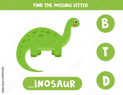 Find missing letter with dinosaur. Spelling worksheet.