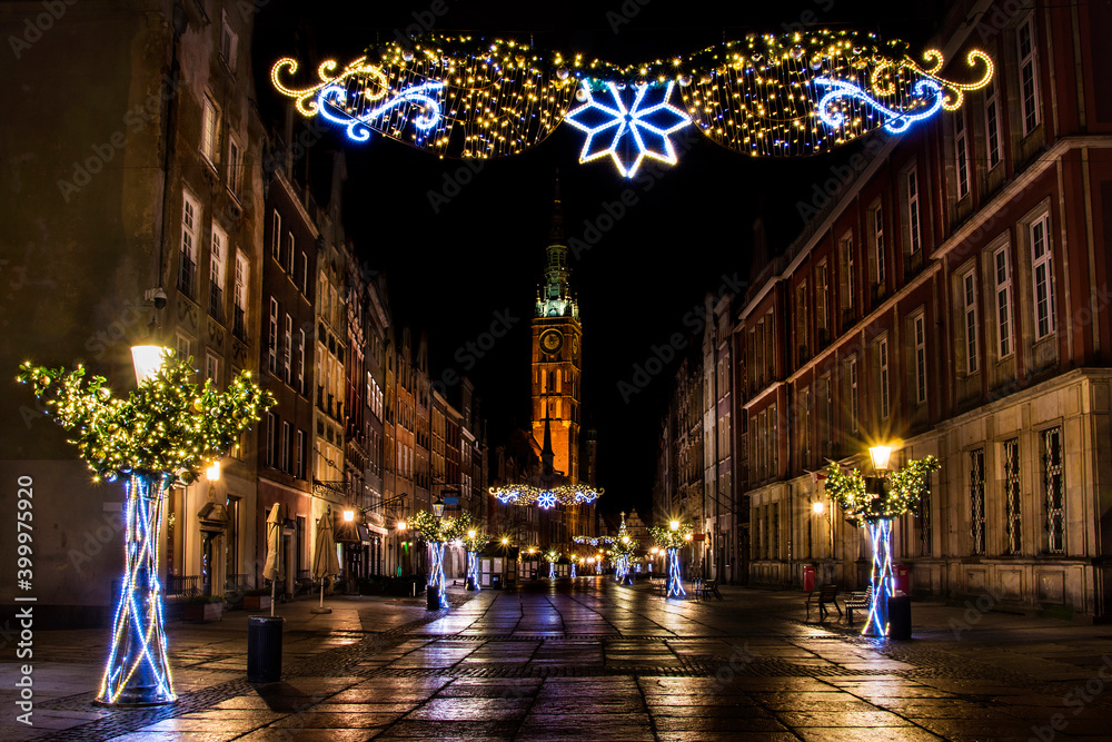 Long Street and the town hall in Gdansk, Christmas lights at night. Poland
