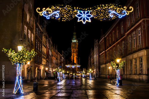Long Street and the town hall in Gdansk, Christmas lights at night. Poland