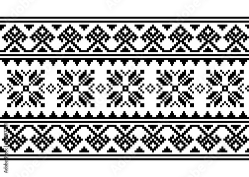 Ukrainian, Belarusian cross-stitch vector seamless pattern, monochrome long retro ornament inpired by folk art - Vyshyvanka