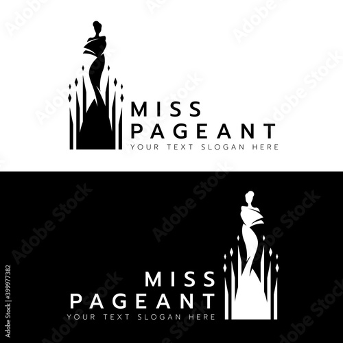 miss pageant logo with Beauty queen wear dress on crystal stick sign vector design