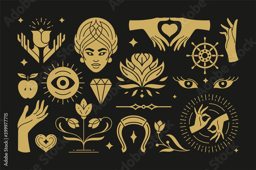 Magic and mystic vector design elements set with female hands gestures.