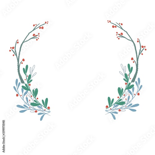Flowers branches and leaves wreath. Botanical sketch collection. Decorative elements design for Christmas, wedding, invitation cards, and gift tag.