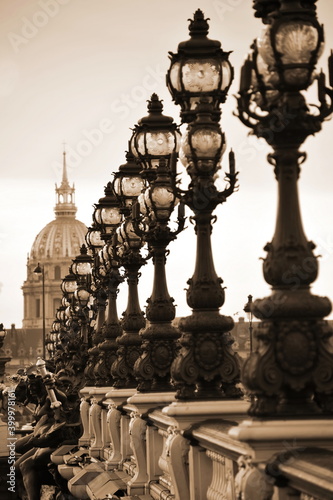 Street lamps on Alexander III bridge, Paris, France