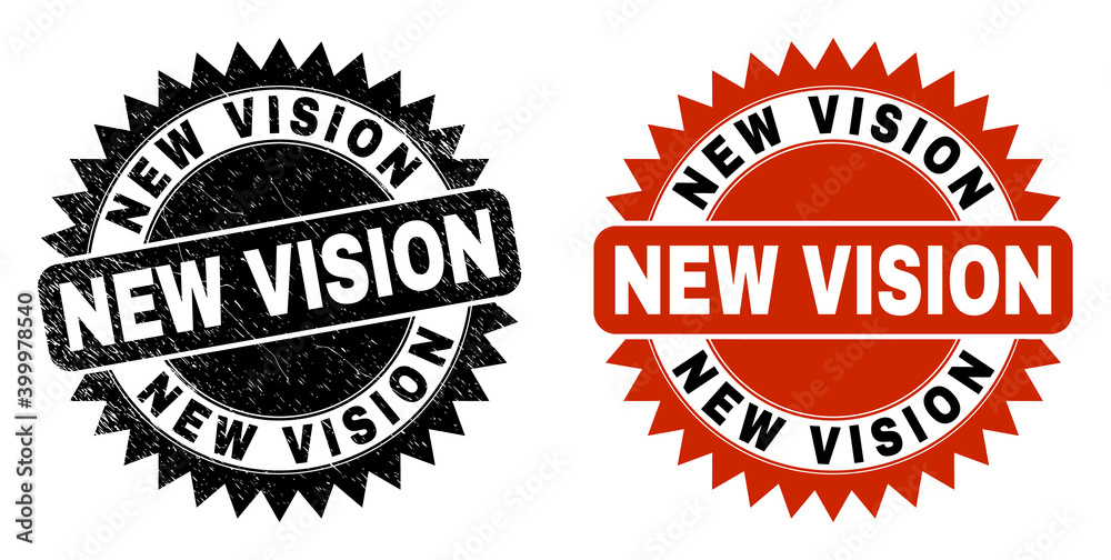 Obraz premium Black rosette NEW VISION seal stamp. Flat vector textured seal stamp with NEW VISION phrase inside sharp rosette, and original clean version. Watermark with scratched surface.