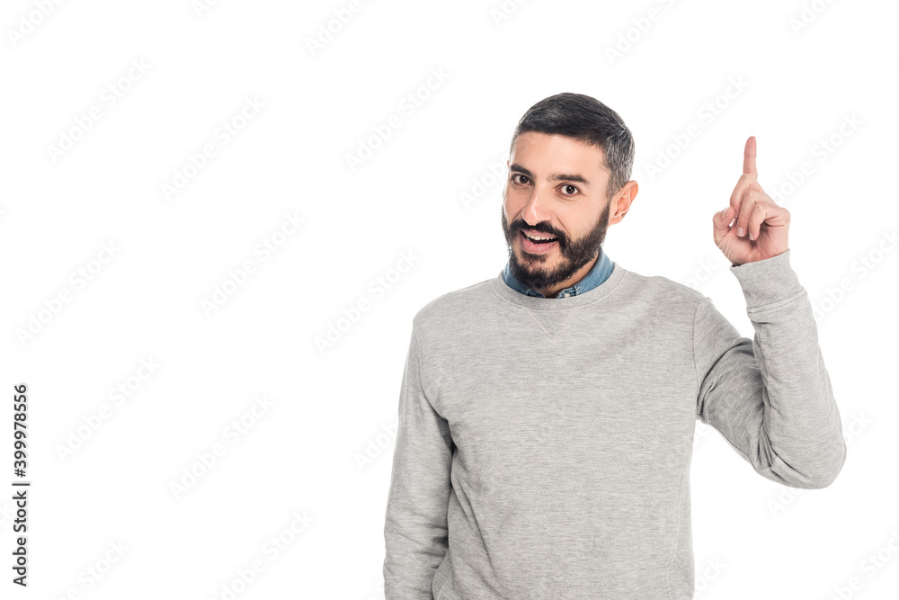 smiling hispanic man showing idea gesture isolated on white smiling hispanic man showing idea gesture isolated on white