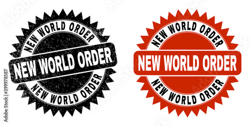 Black rosette NEW WORLD ORDER watermark. Flat vector scratched watermark with NEW WORLD ORDER text inside sharp rosette, and original clean source. Watermark with unclean surface.