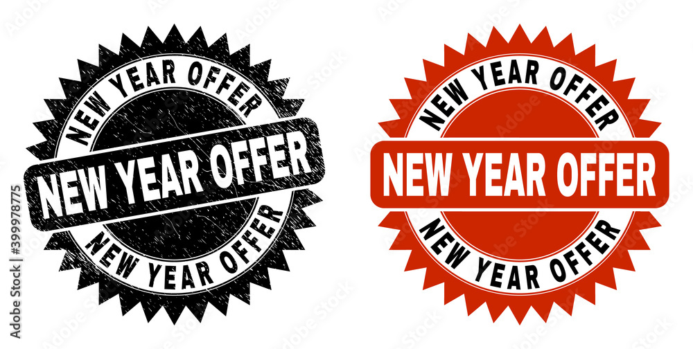 Obraz premium Black rosette NEW YEAR OFFER seal stamp. Flat vector distress stamp with NEW YEAR OFFER message inside sharp rosette, and original clean template. Watermark with grunge surface.
