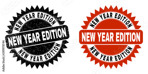 Black rosette NEW YEAR EDITION seal stamp. Flat vector textured seal stamp with NEW YEAR EDITION message inside sharp star shape, and original clean source. Rubber imitation with unclean surface.