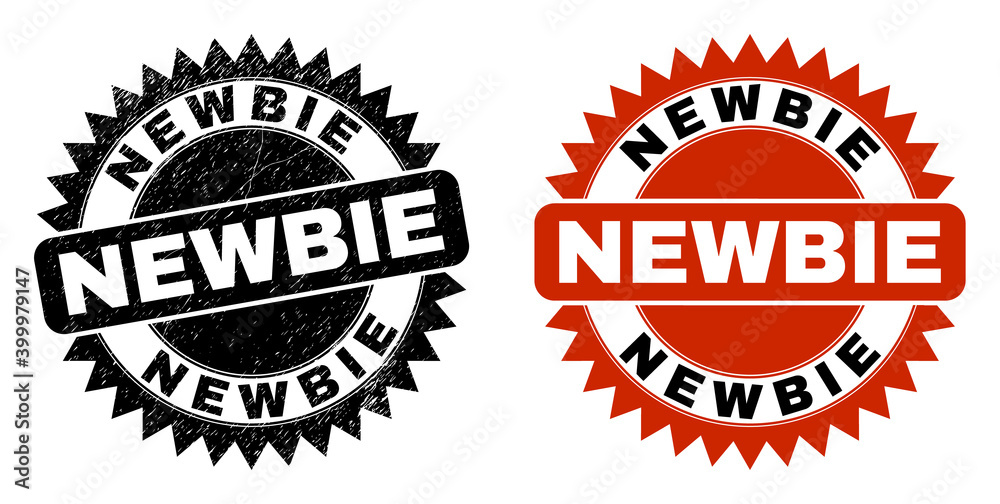 Black rosette NEWBIE watermark. Flat vector scratched seal with NEWBIE title inside sharp rosette, and original clean version. Watermark with scratched style.