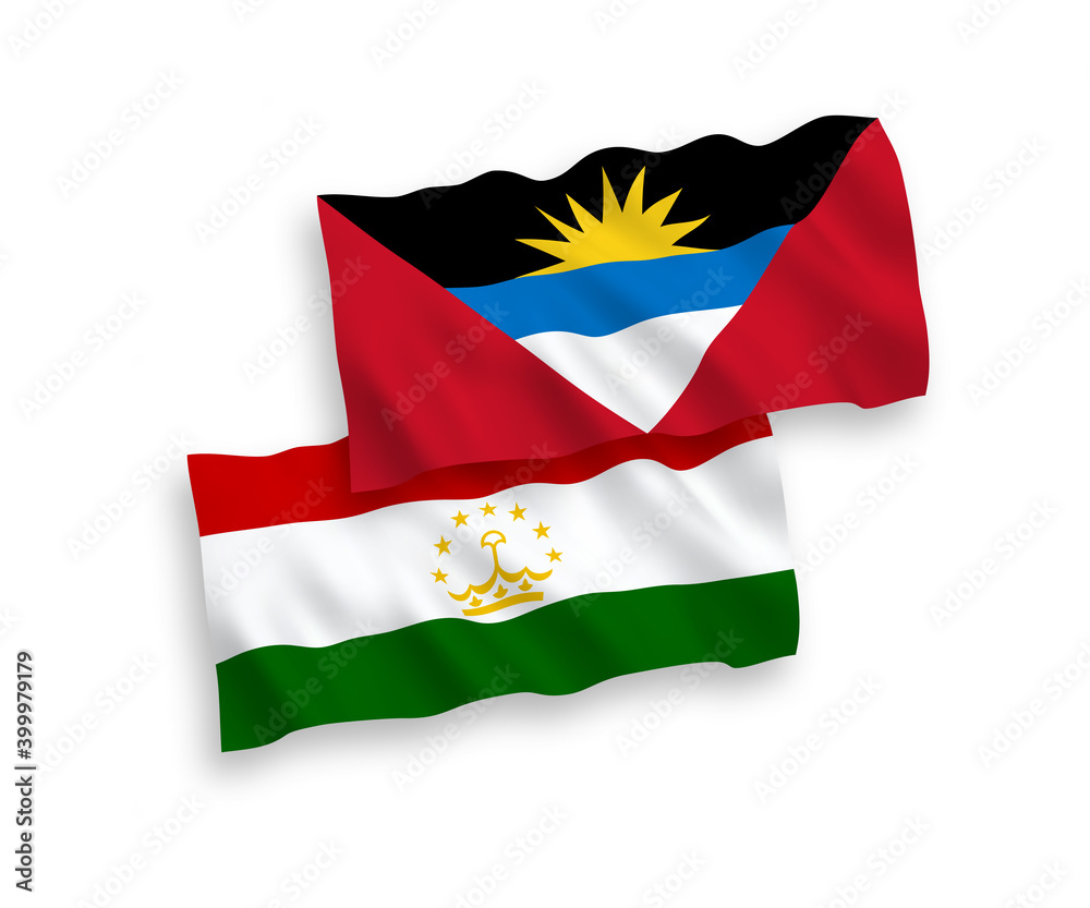 National vector fabric wave flags of Tajikistan and Antigua and Barbuda isolated on white background. 1 to 2 proportion.