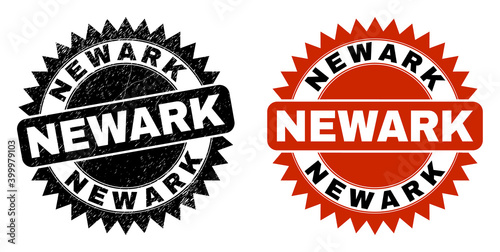 Black rosette NEWARK seal. Flat vector distress watermark with NEWARK phrase inside sharp rosette, and original clean version. Watermark with distress style.