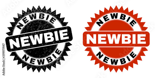 Black rosette NEWBIE watermark. Flat vector scratched seal with NEWBIE title inside sharp rosette, and original clean version. Watermark with scratched style.