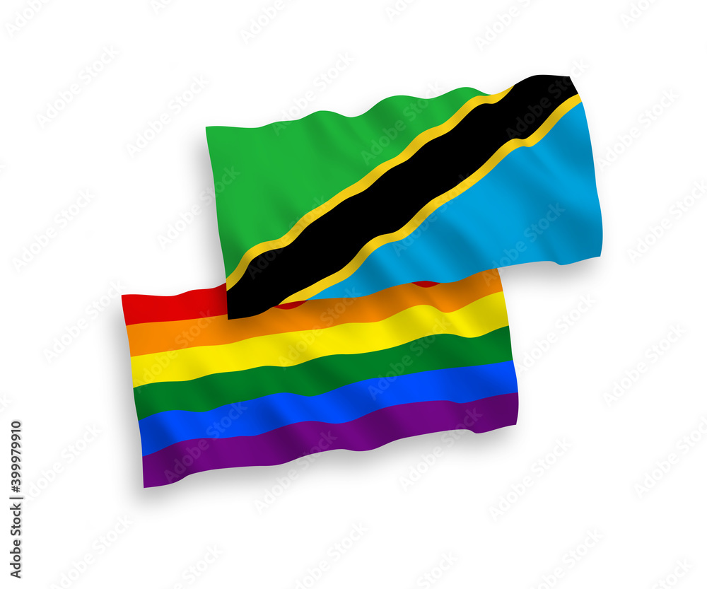 Obraz premium National vector fabric wave flags of Rainbow gay pride and Tanzania isolated on white background. 1 to 2 proportion.