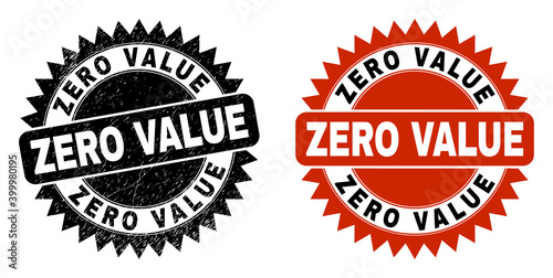 Black rosette ZERO VALUE seal. Flat vector scratched seal with ZERO VALUE message inside sharp rosette, and original clean version. Watermark with unclean style.