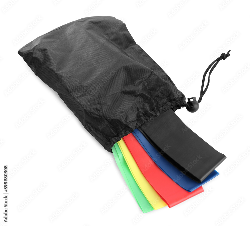 Ταπετσαρία Black bag with colorful elastic resistance bands isolated on white