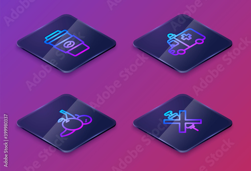 Set Isometric line Coffee cup to go, Fruit, Ambulance and emergency car and No doping syringe. Blue square button. Vector.