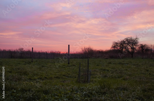 The rural landscape is bright sky in multicolored tones and frozen grass 