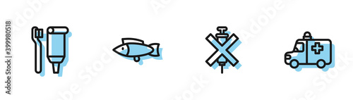 Set line No doping syringe, Toothbrush and toothpaste, Fish and Ambulance emergency car icon. Vector.