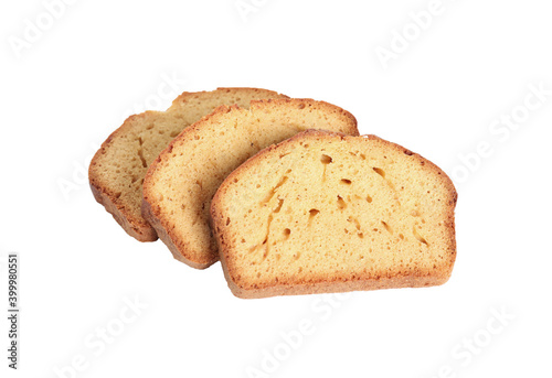 Slices of fresh gingerbread cake on white background