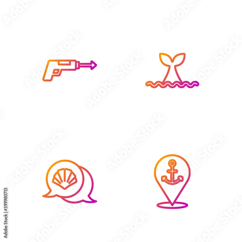 Set line Location with anchor, Scallop sea shell, Fishing harpoon and Whale tail ocean wave. Gradient color icons. Vector.