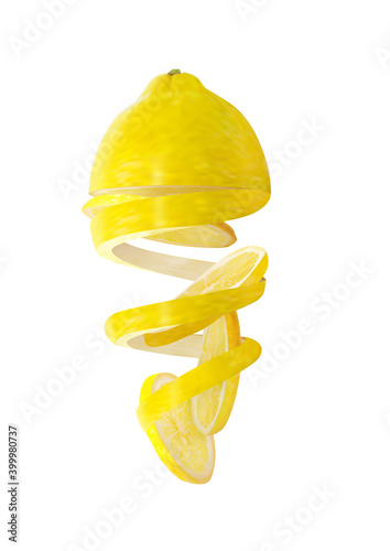 Falling inverted half lemon with lemon peel and rings Vector illustration