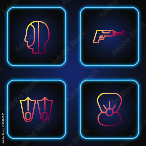 Set line Shell with pearl, Rubber flippers, Diving hood and Fishing harpoon. Gradient color icons. Vector.