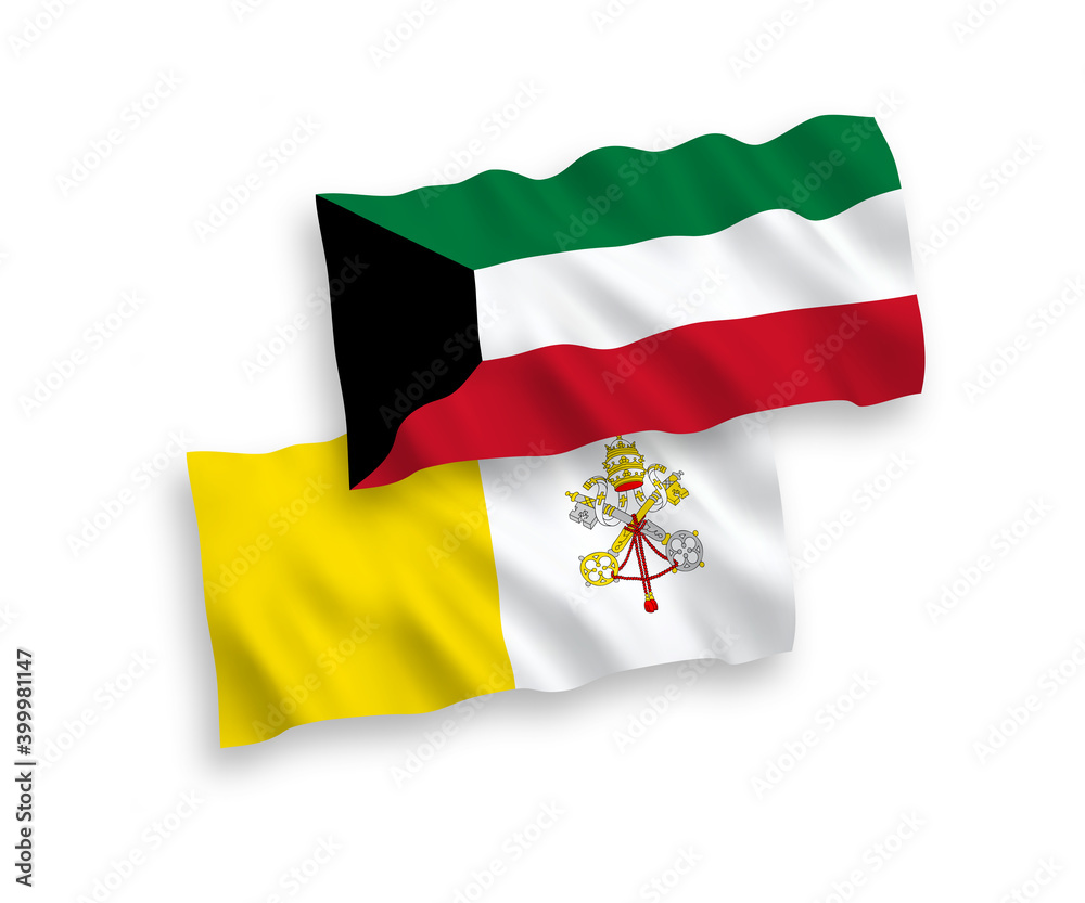 National vector fabric wave flags of Vatican and Kuwait isolated on white background. 1 to 2 proportion.