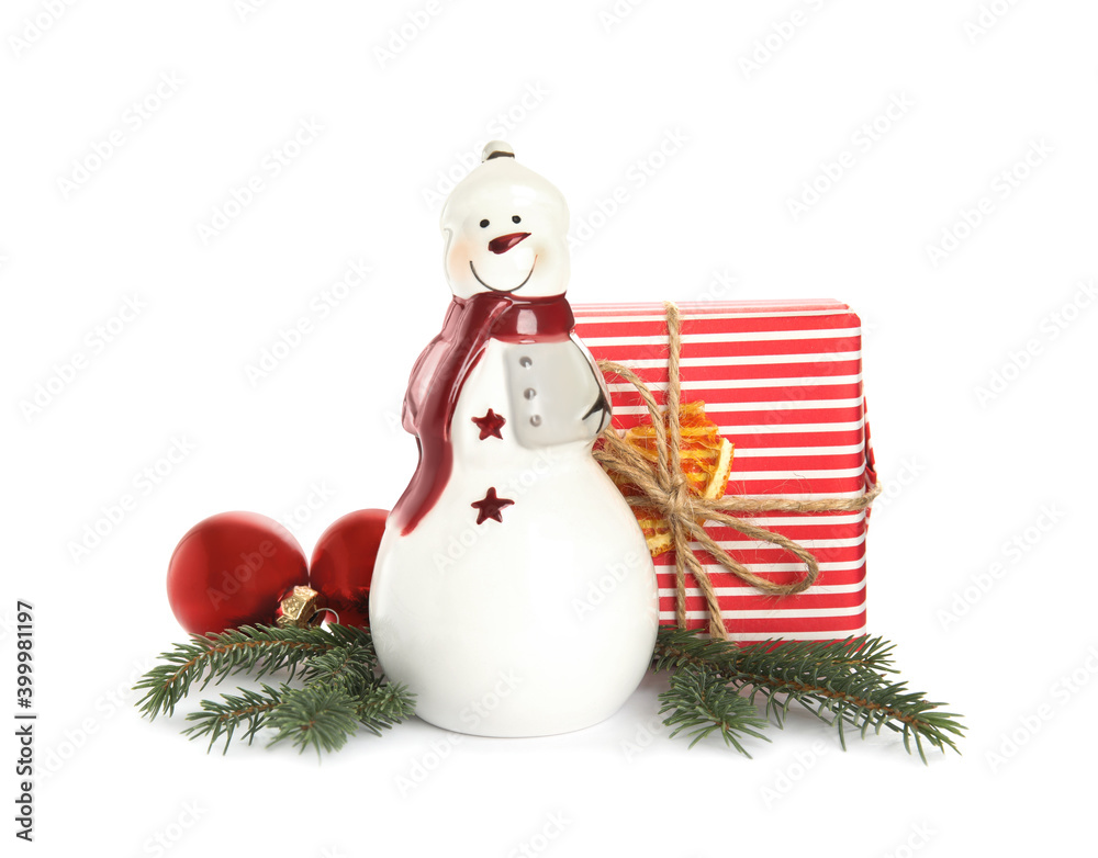 Christmas composition with decorative snowman on white background