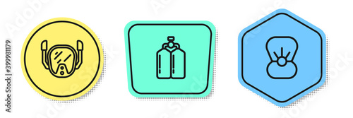 Set line Diving mask, Aqualung and Shell with pearl. Colored shapes. Vector.