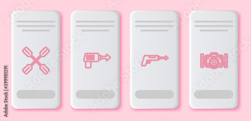 Set line Paddle, Fishing harpoon, and Photo camera. White rectangle button. Vector.