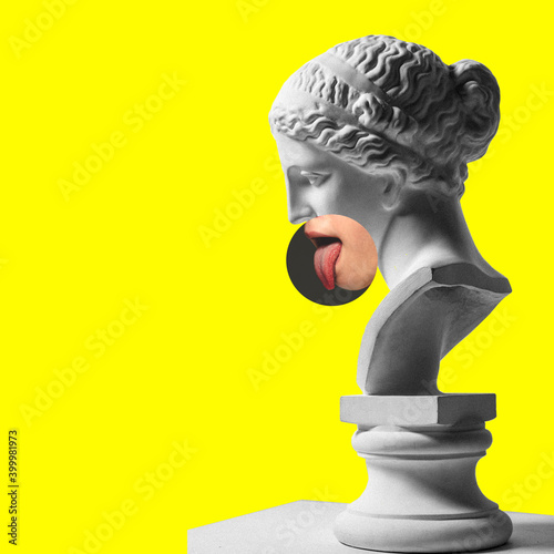 Collage with plaster head model, statue and female portrait isolated on yellow background. Negative space to insert your text. Modern design. Contemporary colorful and conceptual bright art collage. photo