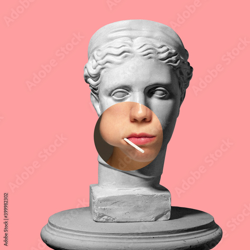Collage with plaster head model, statue and female portrait isolated on pink background. Negative space to insert your text. Modern design. Contemporary colorful and conceptual bright art collage. photo