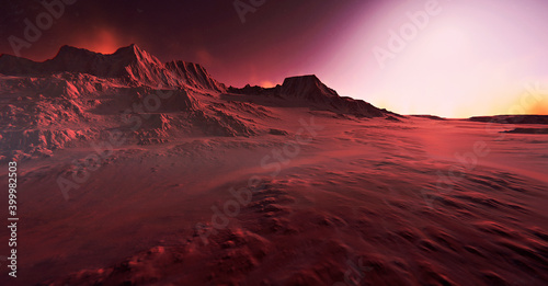 Mars environment. Mountains covered with yellow fog. 3D illustration. Red mountains in the desert. © Krolone