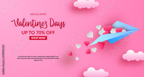 Valentine's sale banner with paper plane fly in the sky. Paper cut style vector illustration
