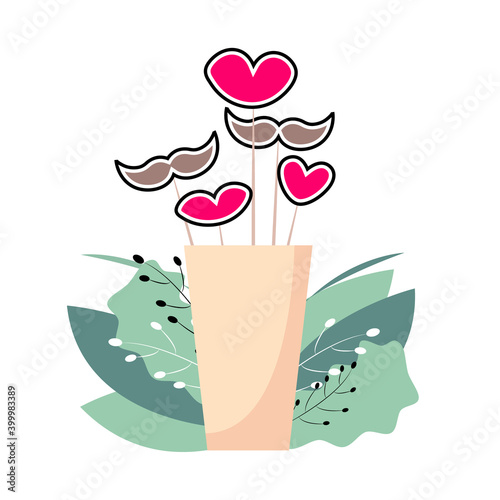 Party props: lips and mustache on sticks. Valentine's day attributes for kissing booth and photo booth. Vector illustration